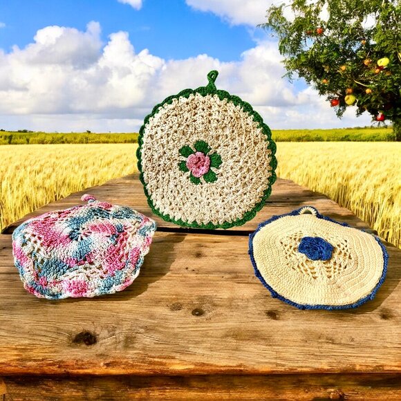Potholder Hot Pad Hand Crochet Granny Chic Vintage Lot of 3 Small - Picture 3 of 11